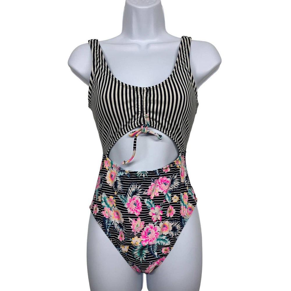 ARIZONA JEAN Co. Juniors size S Black Stripe & Floral One Piece Swimsuit